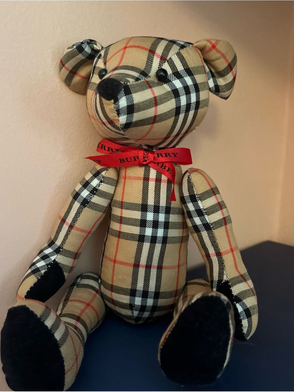 Burberry Beige Plaid Plush Bear with Red Ribbon Accent